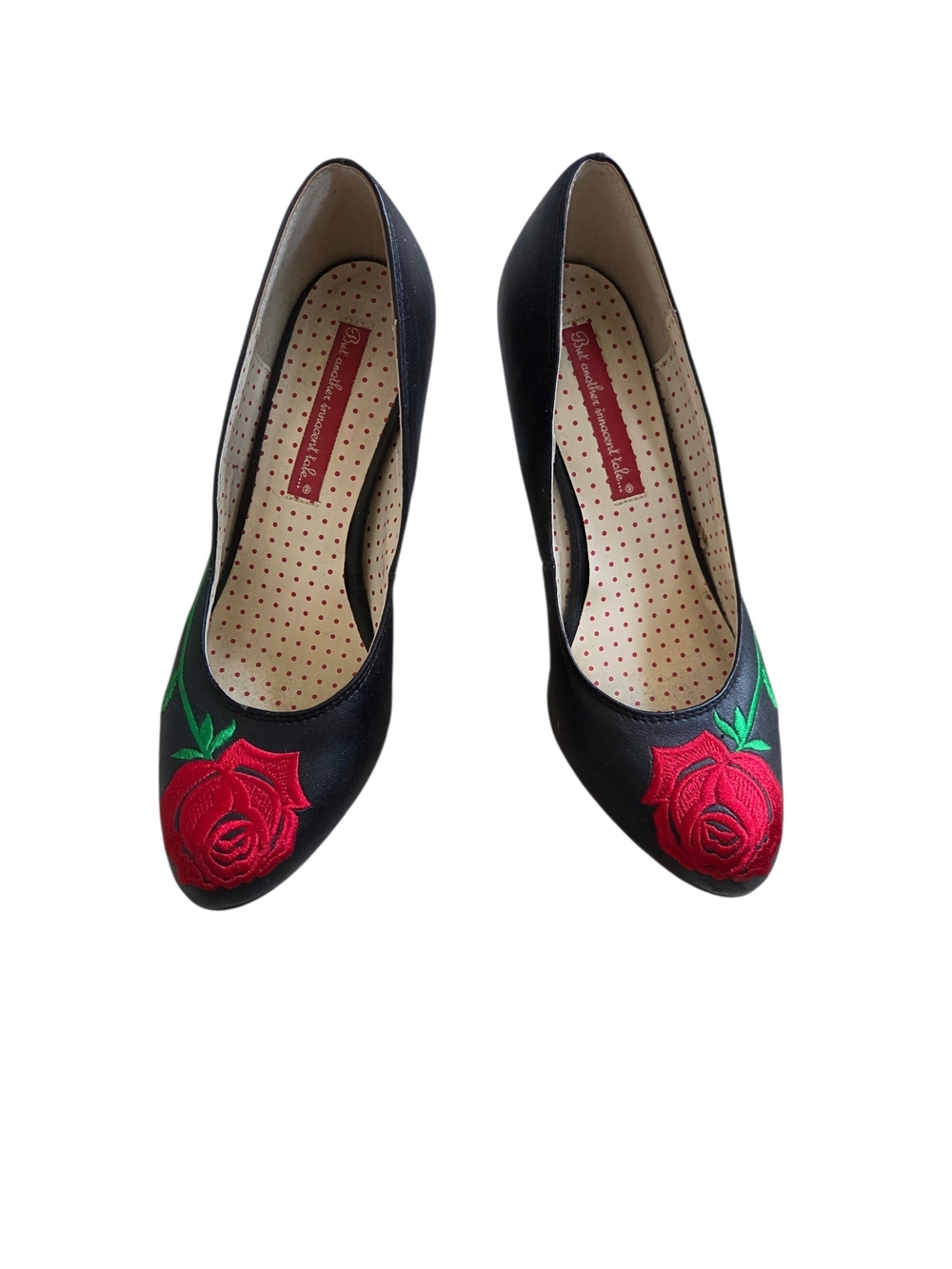 Black Heeled Pumps with Red Rose Embroidery - Women's Dress Heels